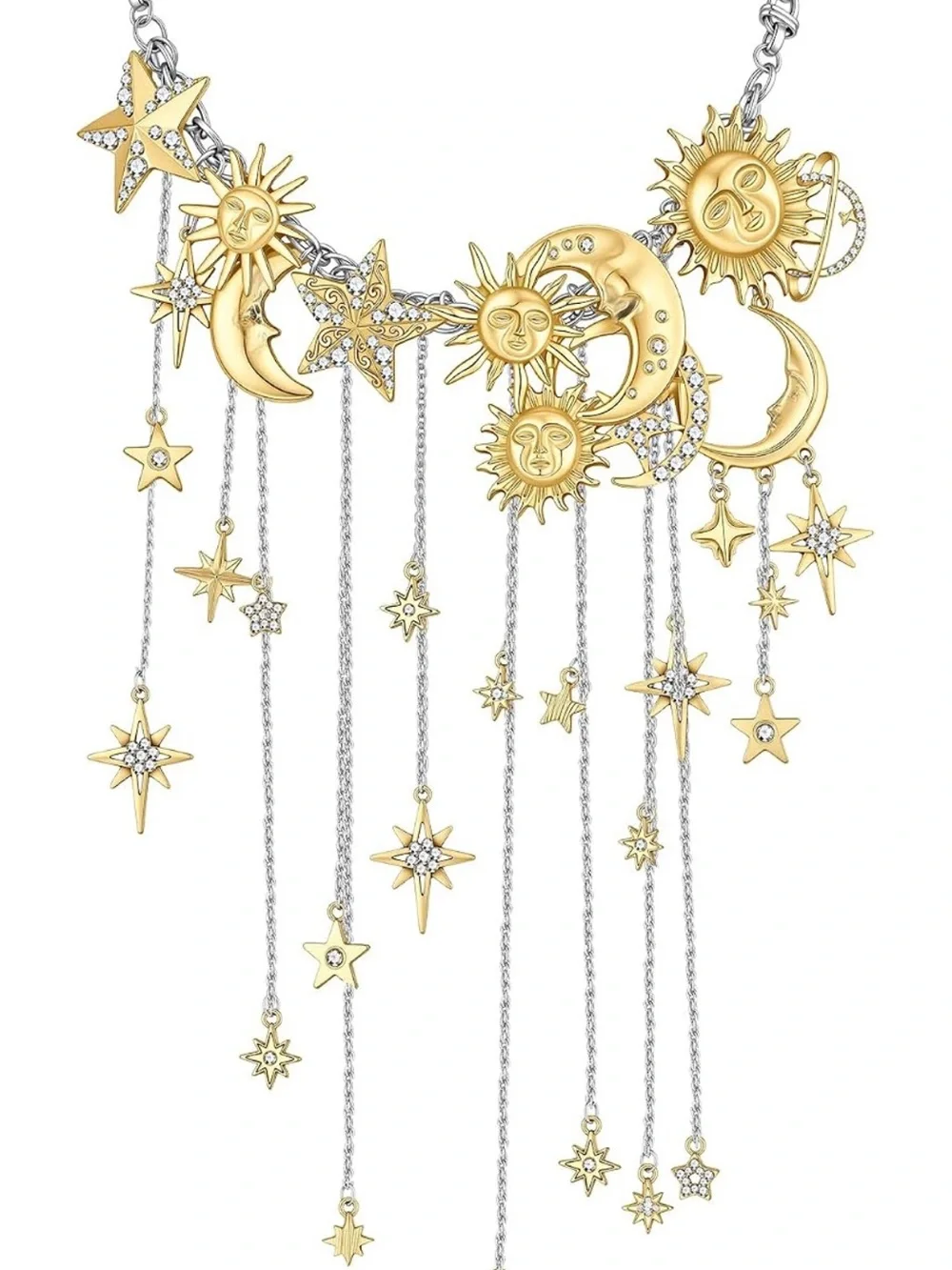 Celestial Silver and Gold Statement Necklace - Star & Moon